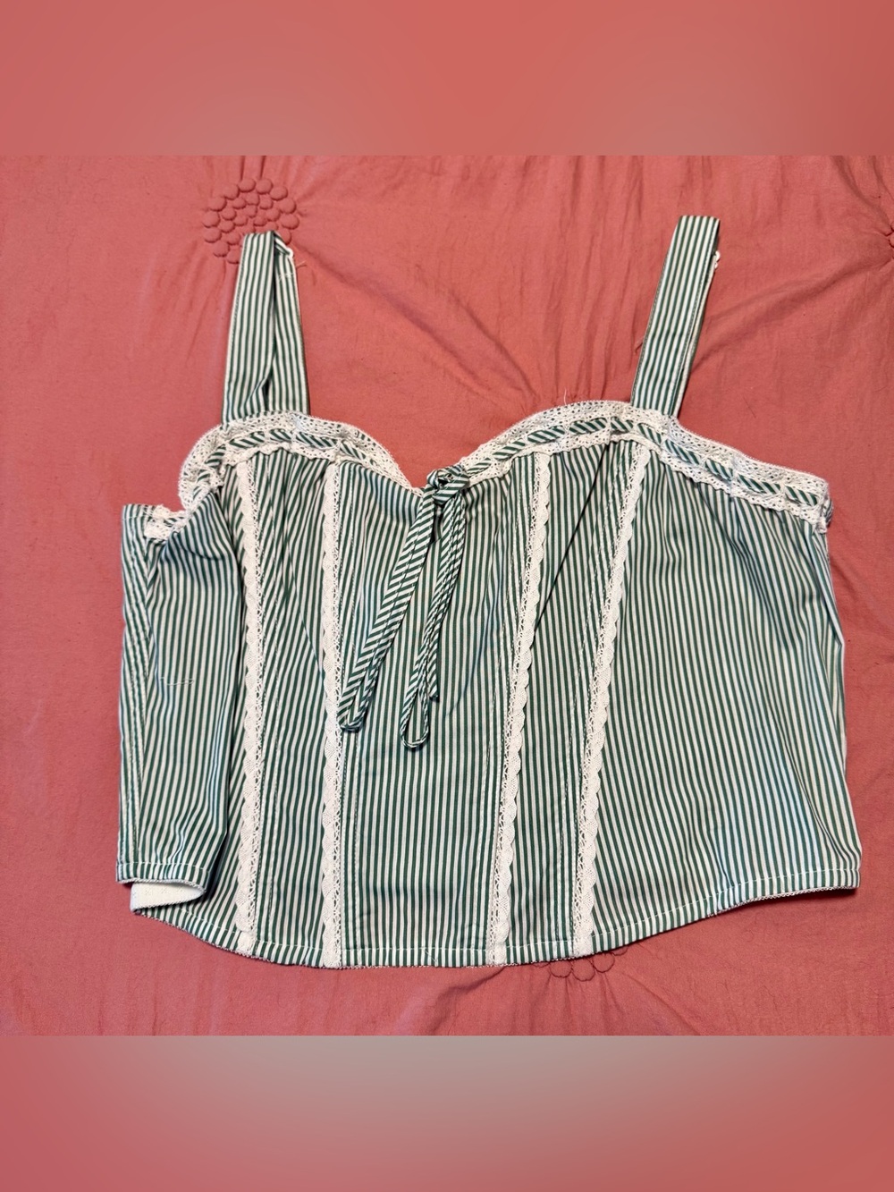 Striped Lace-Trim Camisole With Front Tie - Green